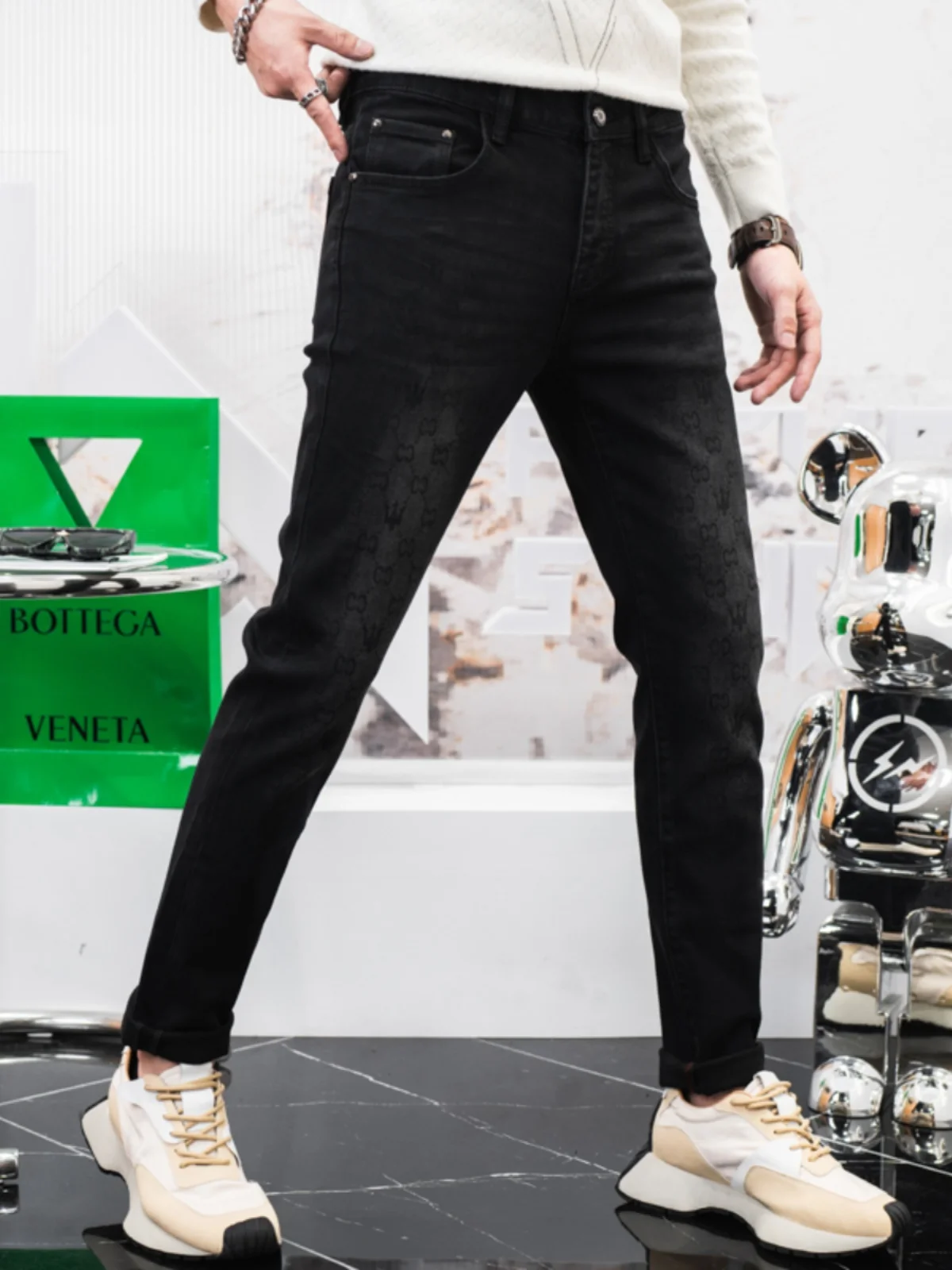 

High-End Bla Printed Men's Jeans Elastic Slim Fit Casual Waed Small Foot Long Pants Trendy Cotton Stretch Denim mid Waist...
