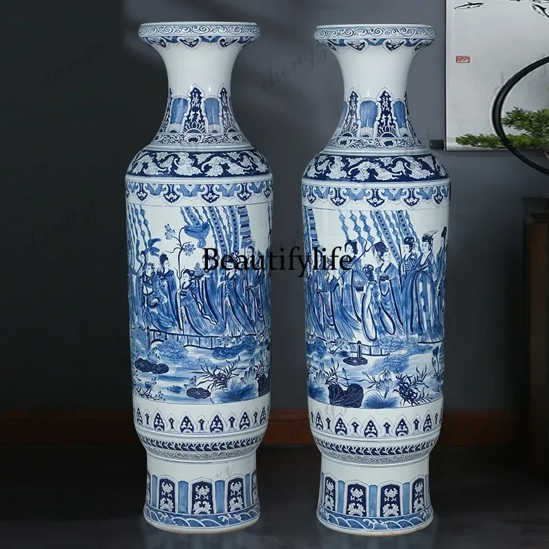 D80 Jingdezhen blue and white porcelain hand-painted floor-to-ceiling large vase home living room antique ceramic ornament