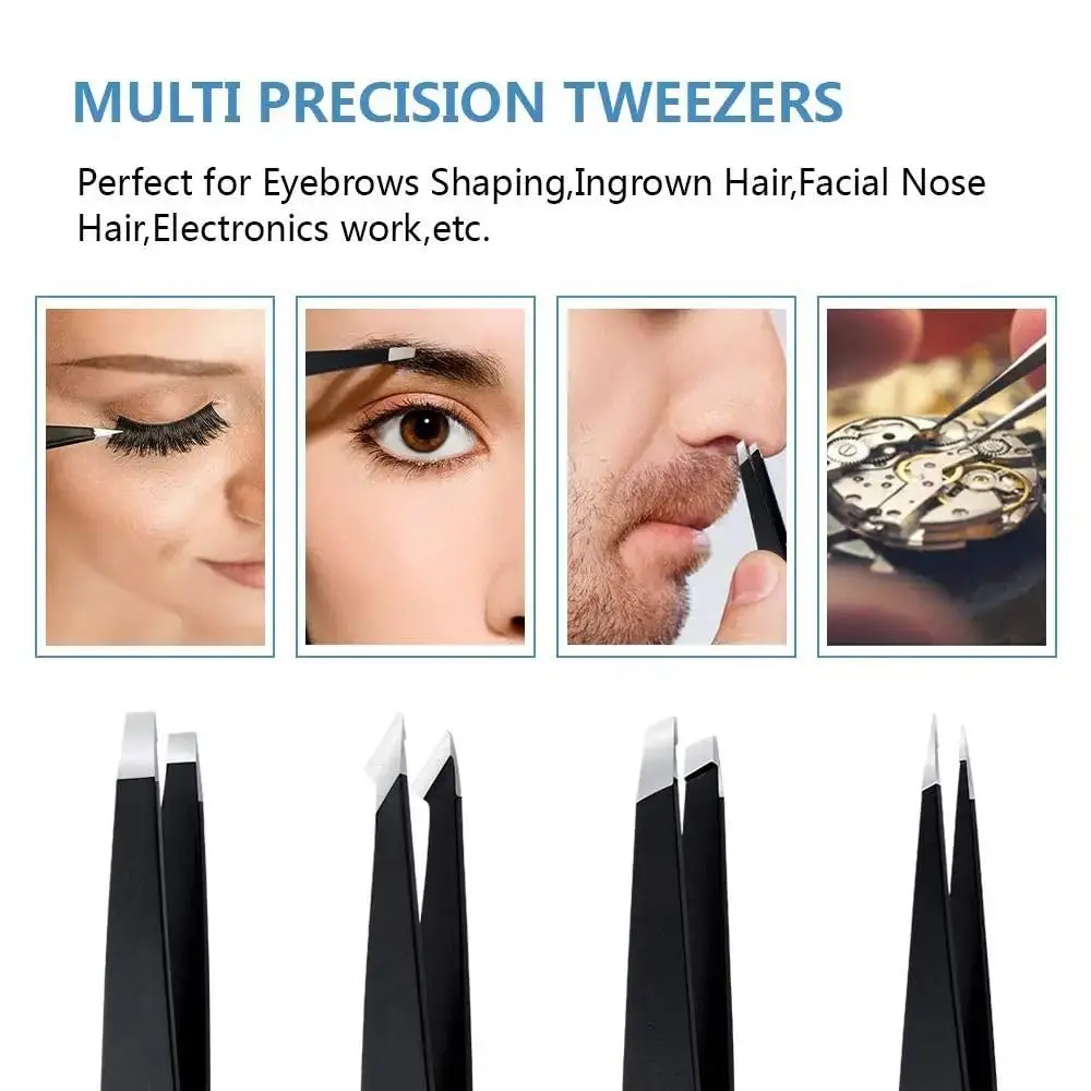 Hair Removal Tweezers Stainless Steel Eyebrow Tweezers Slanted Black Tip Point Face Harmless Makeup Beauty Tool Black