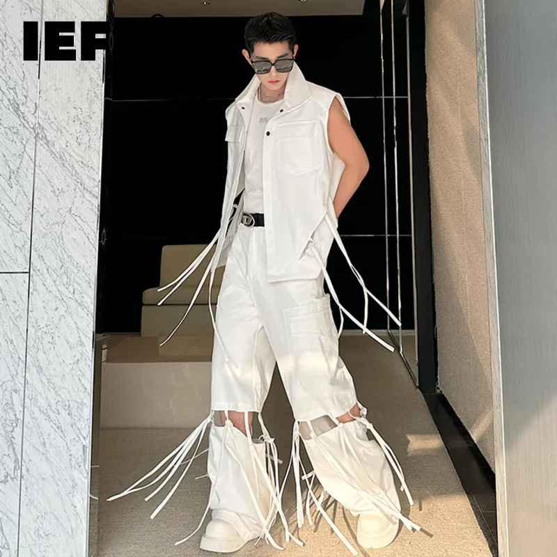 IEFB Niche Designer Menwear Two-piece Set Detachable Ribbon Wide Leg Pants Sleeveless Lapel Vest Suit Summer New Fashion 9C5246