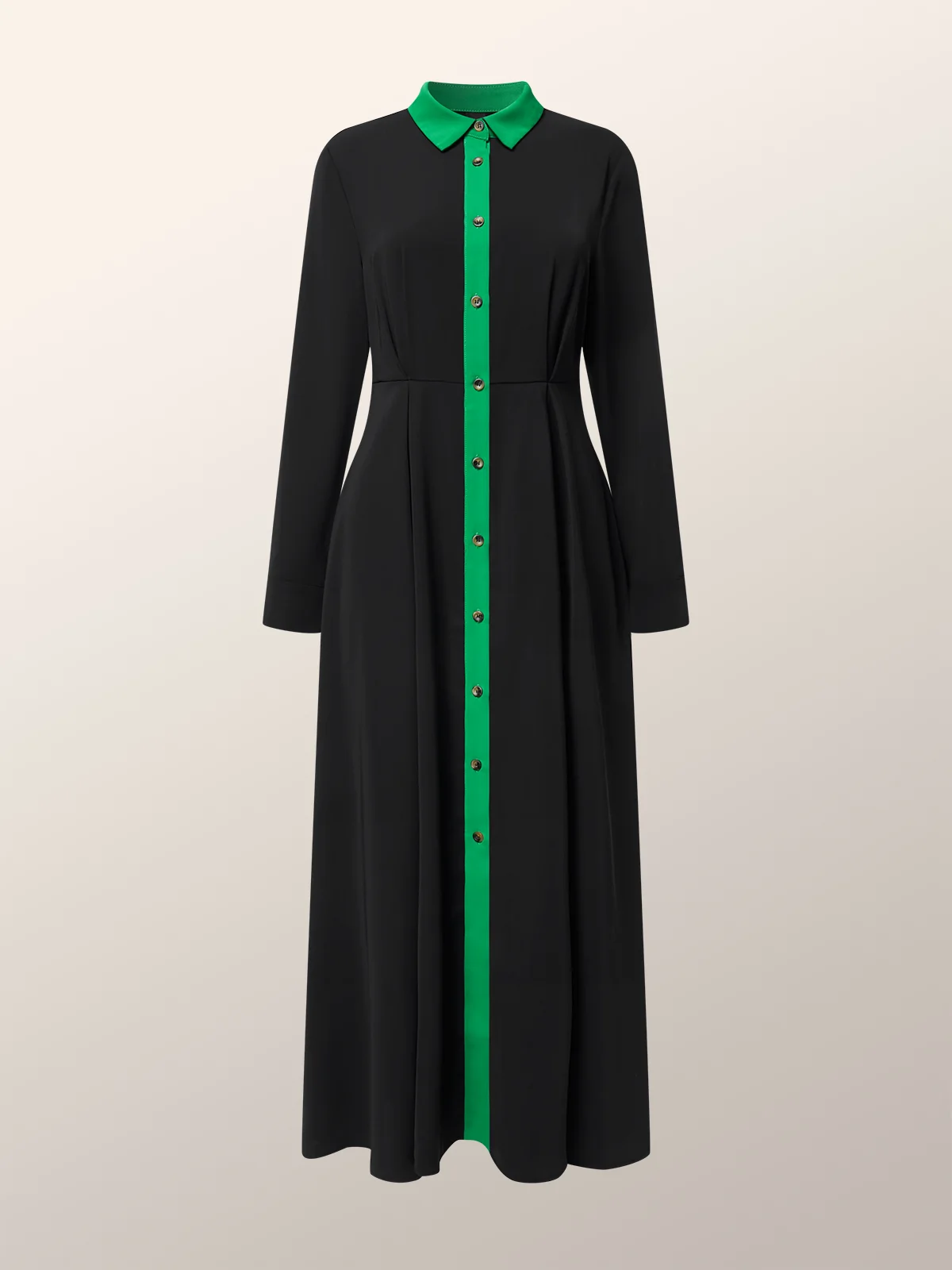 Plus Size Women Color Block Shirt Maxi Dress,Long Sleeve Collared Button Front High Slit Flowy Long Dress With Green Belt,Elegan view 5