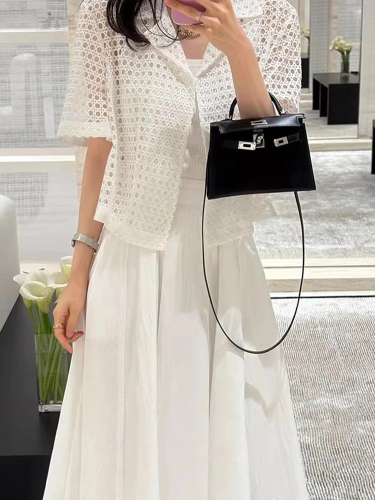 ملابس خارجية أنيقة شفافة مجوفة بأكمام قصيرة للسيدات صيفية بنمط جديد بدلة فضفاضة راقية سترة قصيرة قابلة للتنفس #1