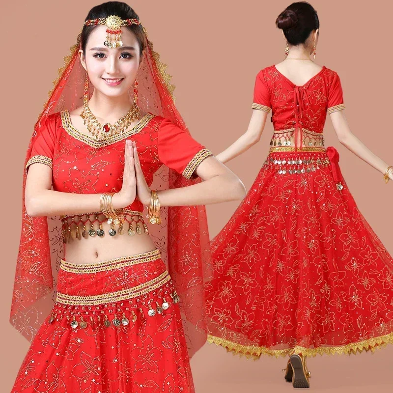 

New Women Indian Belly Dance Costume Set Dance Sari Outfit Bollywood Stage Performance Chiffon Top Belt Skirt Bellydance