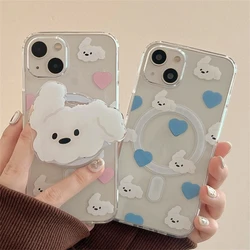 Coque de téléphone transparente avec support Magsafe, coque souple magnétique, dessin animé mignon coréen, chiot d'amour, iPhone 15 12 13 11 7 8 14 Pro Max