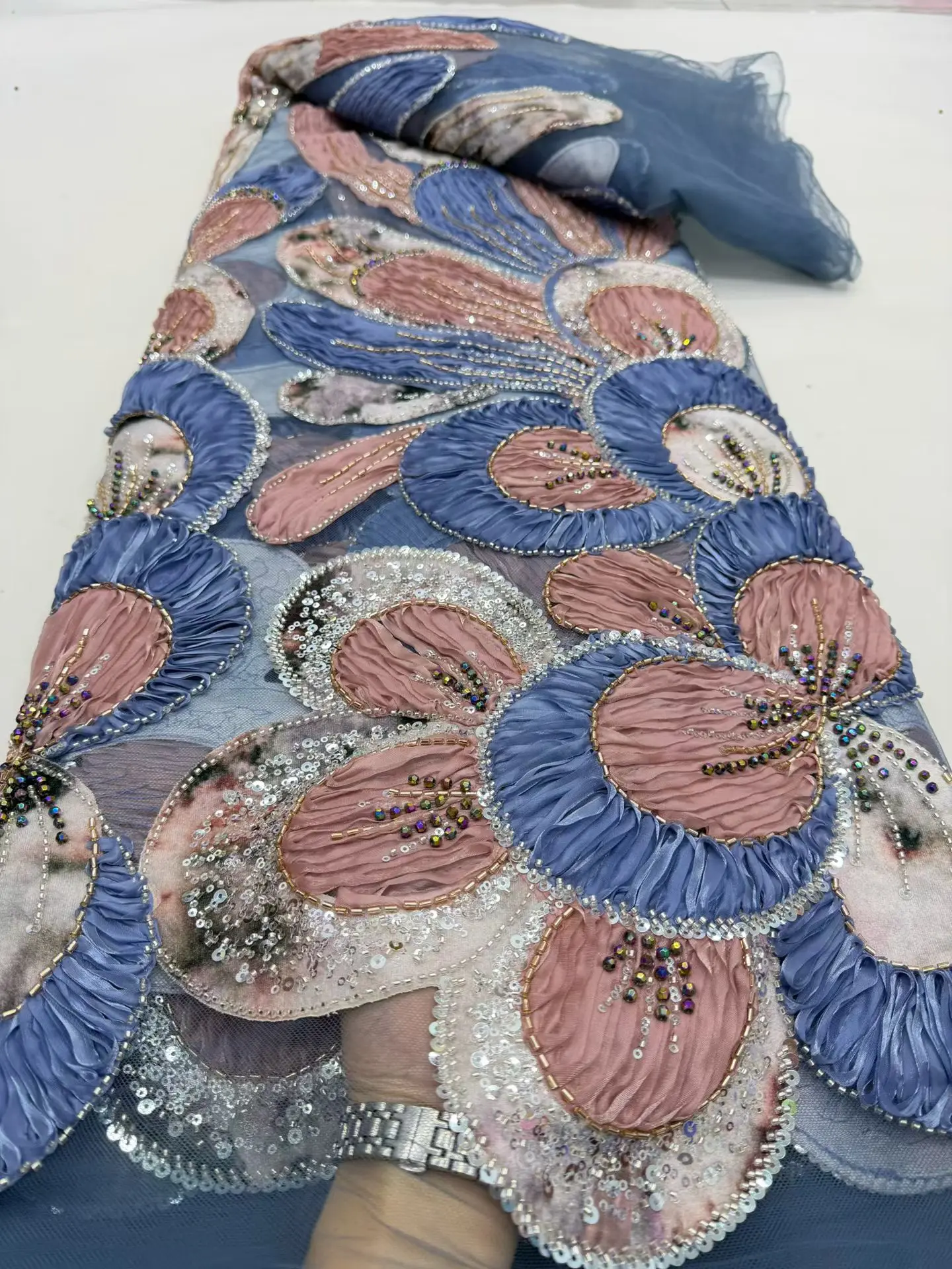 

2026 Latest High Quality African Nigerian With Tulle Sewing Lace Fabric Guipure Embroidery Beads Dresses Sequins 5Yards DP0507