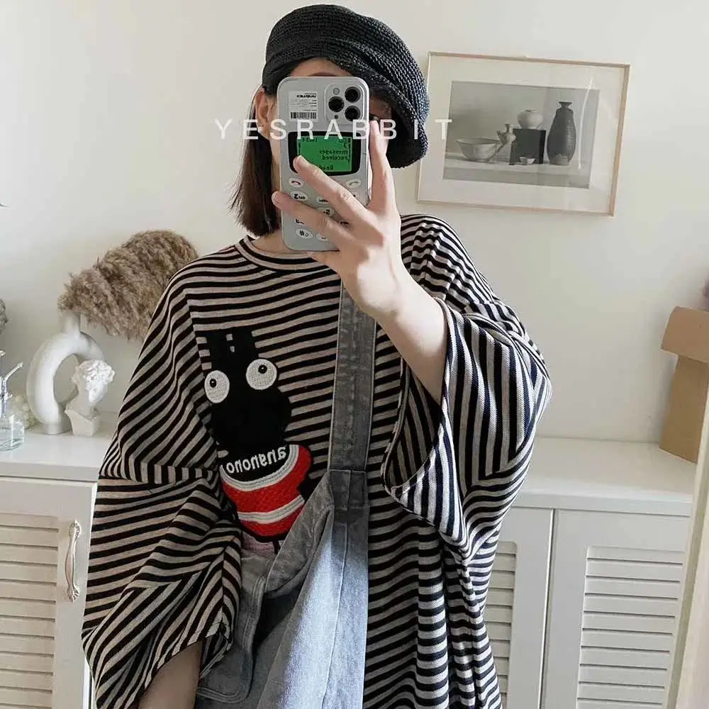 Oversized Women Clothing Casual Korean Striped Striped Midi Dress Autumn Trend Loose Printing Pullover Tshirt Dress Female Dress