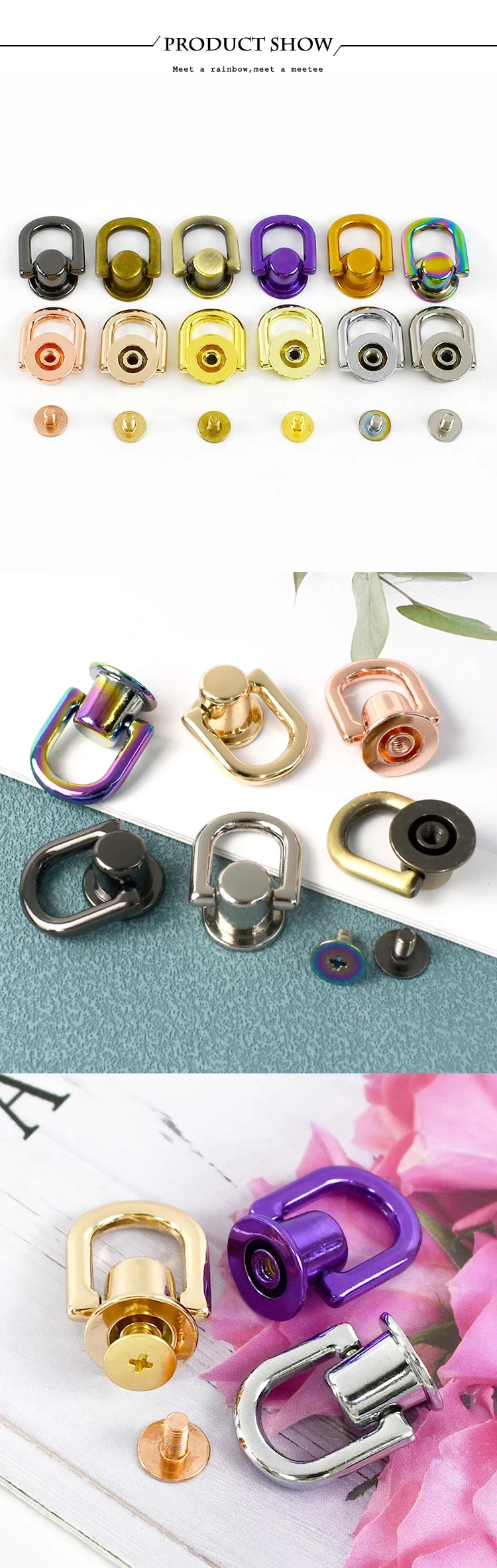 4/10/20Pcs 10mm Metal D Ring Screw Rivet Stud Bag Side Hanger Strap Chain Connector for Handbag Purse DIY Hardware Accessories