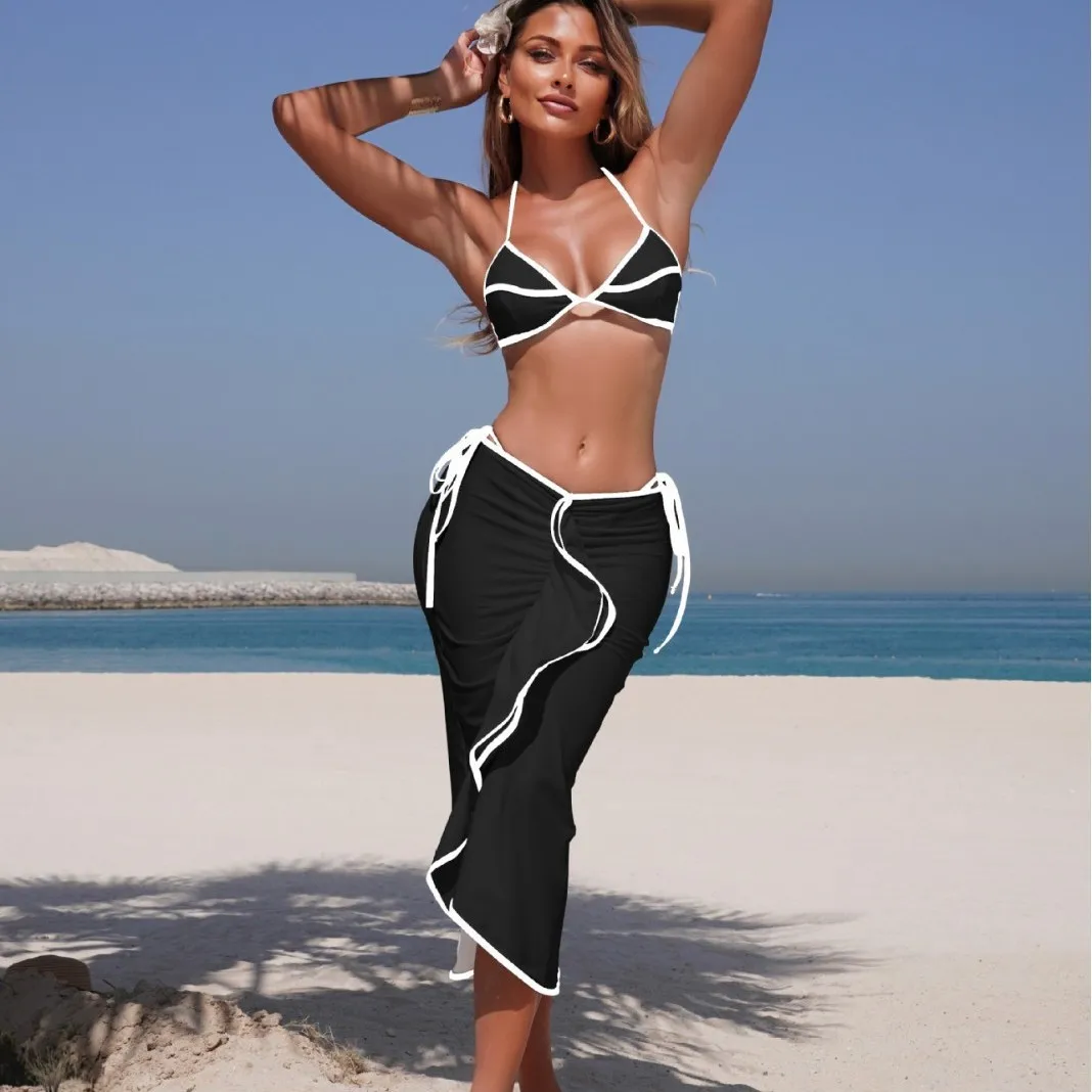 New Summer Women's Sexy Fashion Pure Color Hanging Neck Strap Split Bikini Swimsuit Three-piece Set