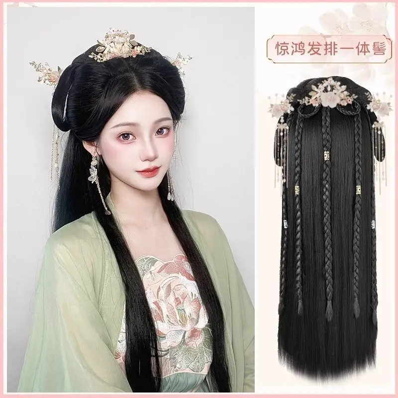 Women Synthetic Hanfu Headband Hair Extension Chinese Style Cosplay Antique Hairpiece Hair Accessories Headdress Black