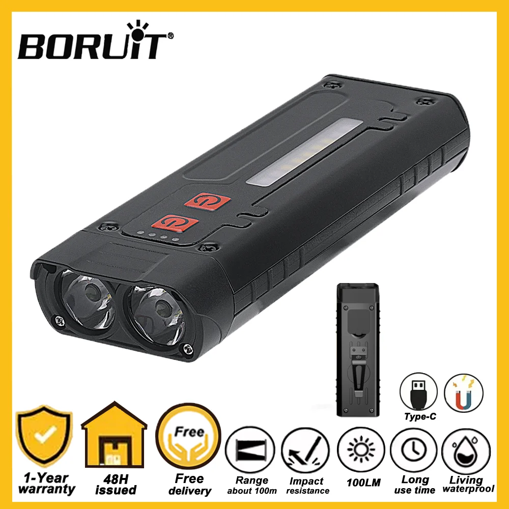 BORUiT مشاعل LED محمولة مع ضوء عمل مغناطيسي قابل لإعادة الشحن من النوع C مع مشبك خلفي مصباح يدوي صغير للتخييم مقاوم للماء