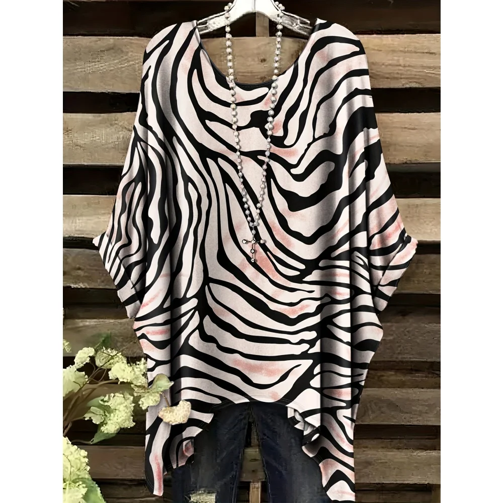 

Fashion Design Women's Striped Leopard T-Shirt for Women Round Neck T-Shirt Irregular Hem Clothing Loose Casual T-Shirt Top Tees