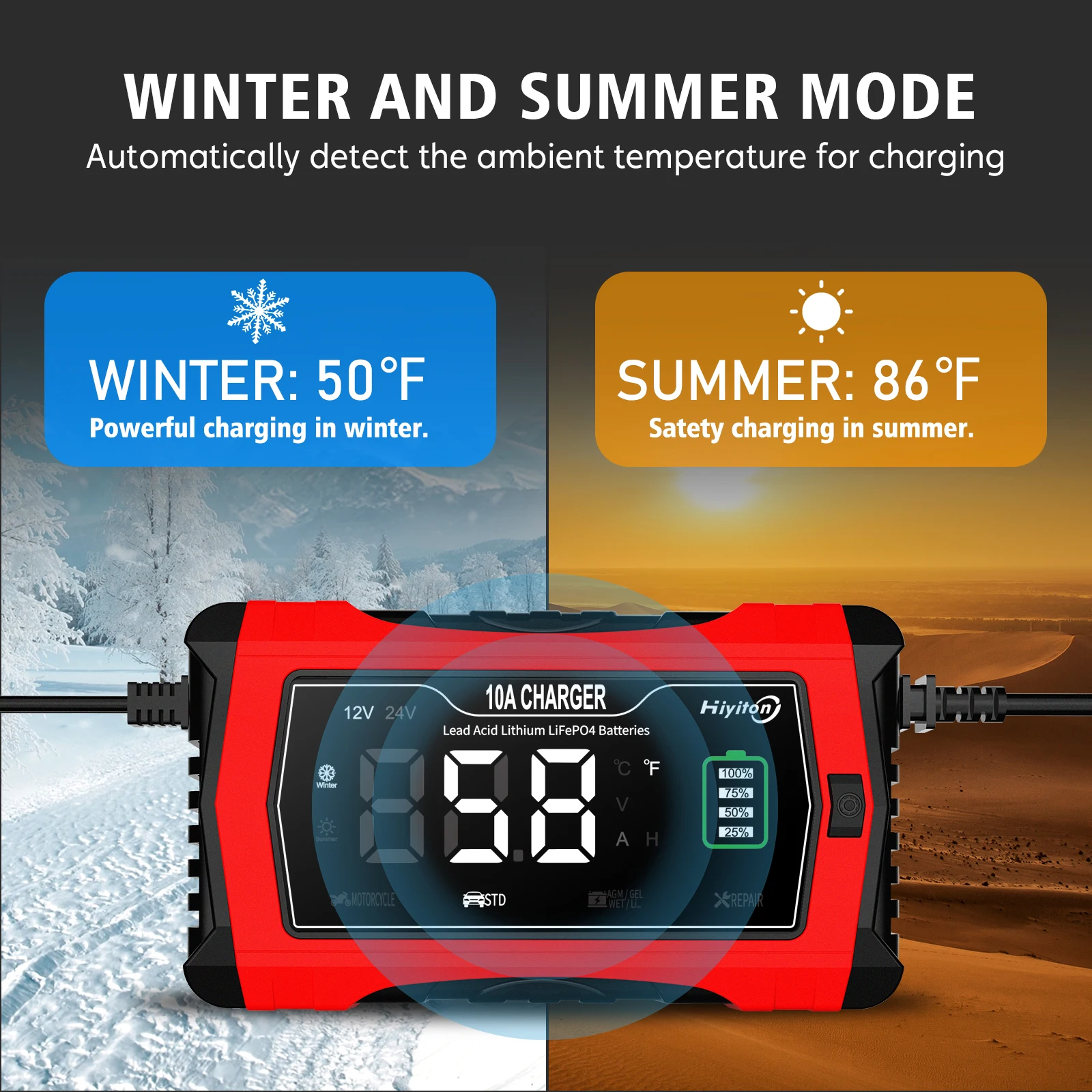 Hiyiton 12V 24V 10A araba pil şarj cihazı için AGM jel islak kurşun asit lityum LiFePO4 akıllı hızlı şarj piller darbe onarım