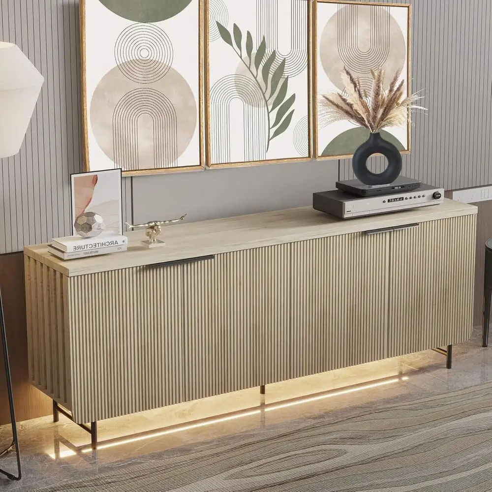 

Mid-Century Fluted 68 Sidard Buffet with 4 Doors, LED Lighting, Adjustable Shelves for Dining & Living Room