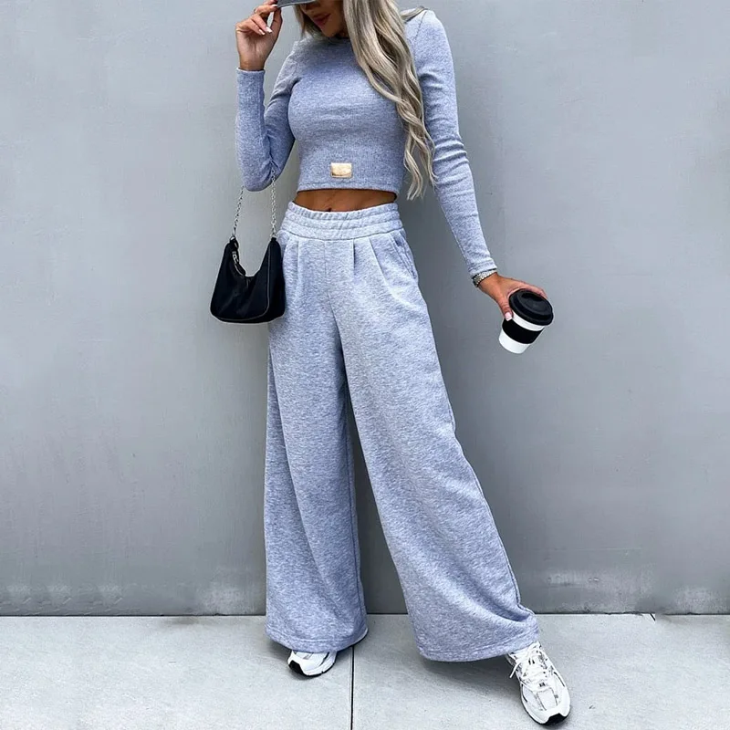 Waytobele Women 2 Piece Set Autumn Casual Sport Solid Round Neck Long Sleeve High Waist Short Top Wide Legs Pants Set Tracksuit