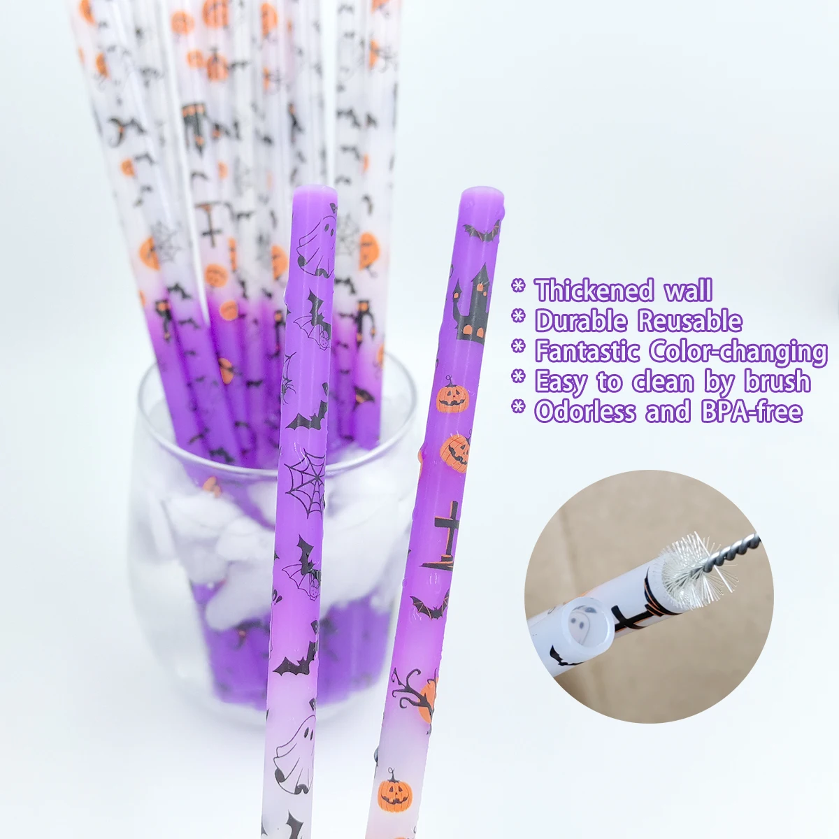 Color-changing Reusable Straws Halloween Party Night Pipe Durable Hard Plastic Tube Cold Drinking Fatanstic Color-changing Straw