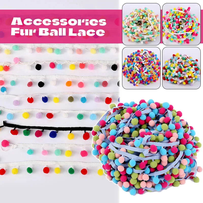 10M Tassel Ball Rainbow Pom Pom Ball Braid Fringe Ribbon Cord Curtain Craft Lace Trim Fringe Upholstery DIY Sewing Accessory