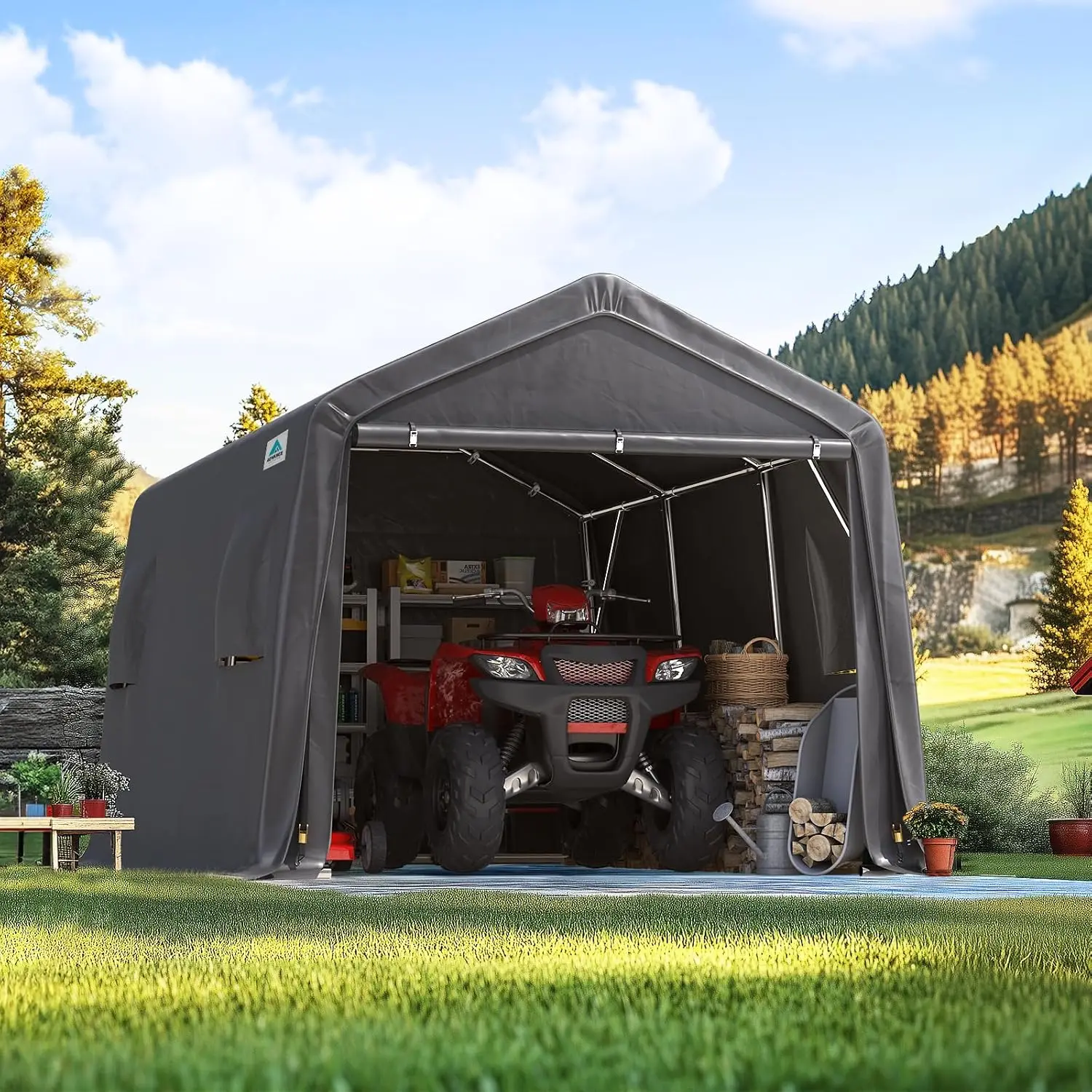 10X15 ft Garage Shelter Steel Metal Peak Roof Portable Storage Shed Carport for Motorcycle Boat, or Garden Tools