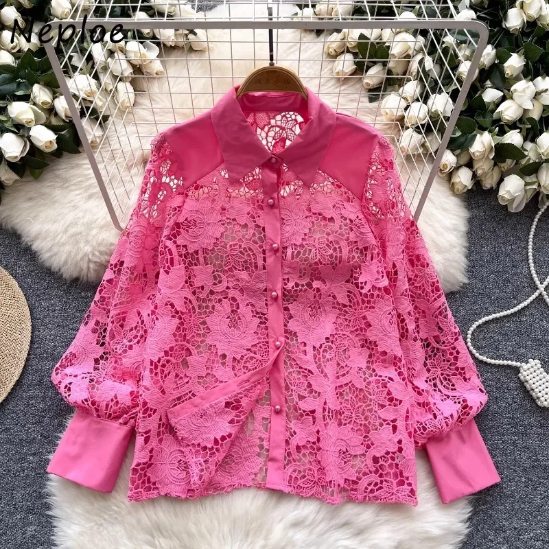 Neploe Elegant Chic Temperament Blouses Femme 2024 Autumn Hollow Out Hook Flower Embroidery High-End Style Sweet Lapel Shirts