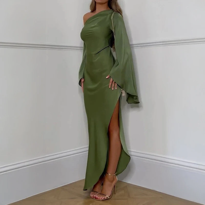 Green Asymmetrical Slim Women Robe Dress Sexy Off Shoulder Long Sleeved Party Dress 2024 Autumn Elegant Side Split A-line Dress