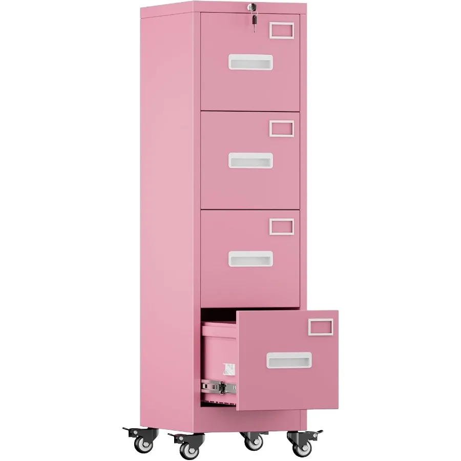 Office Metal File Cabinet With 4 Drawers, Black, Lockable And Mobile With Wheels