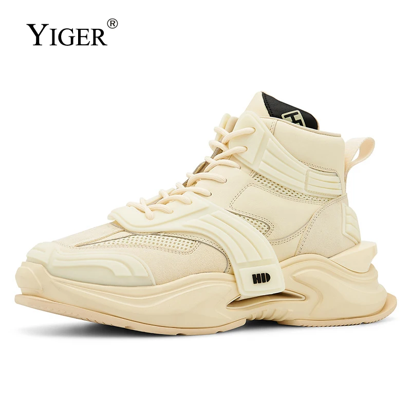 YIGER Winter Men's Shoes Thick-soled sneakers Hong Kong style retro high-top shoes Fashion old man shoes Functional tide shoes