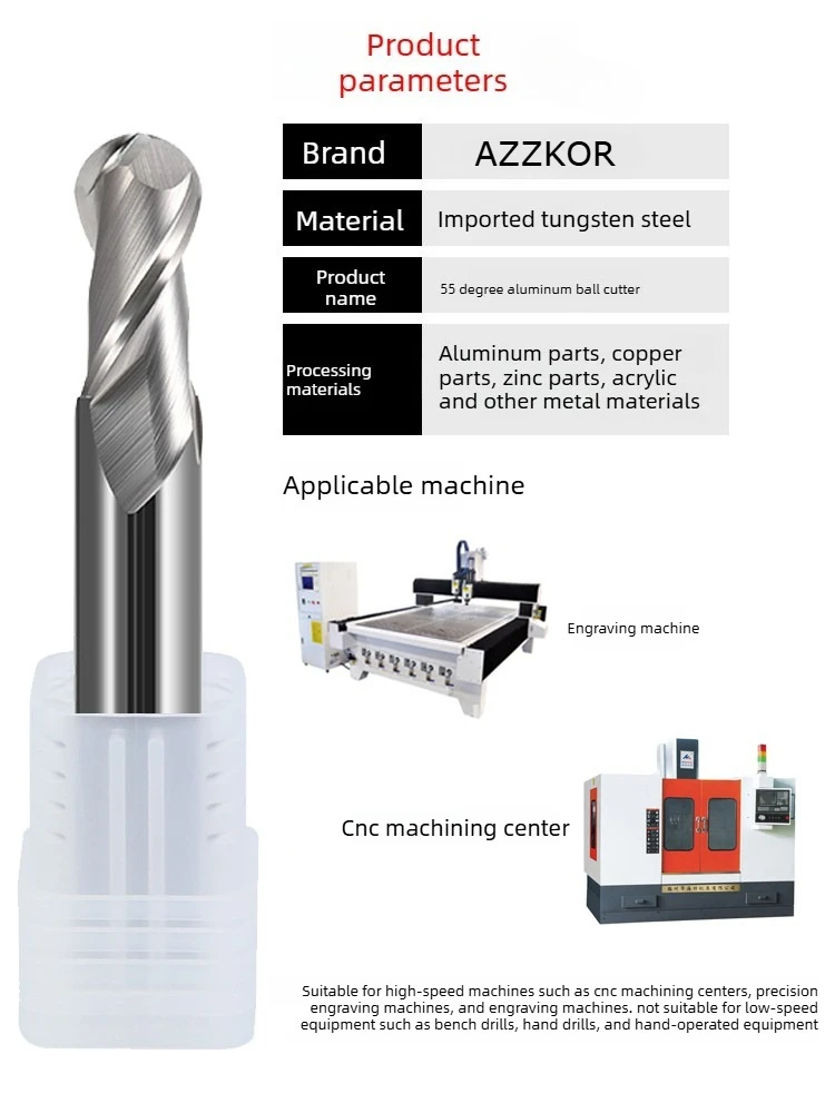 AZZKOR HRC55 Wolframstahl-Kugelfräser Hochglanz-Aluminiumfräser Legierungs-Kugelfräser CNC-Werkzeuge – Detail 1