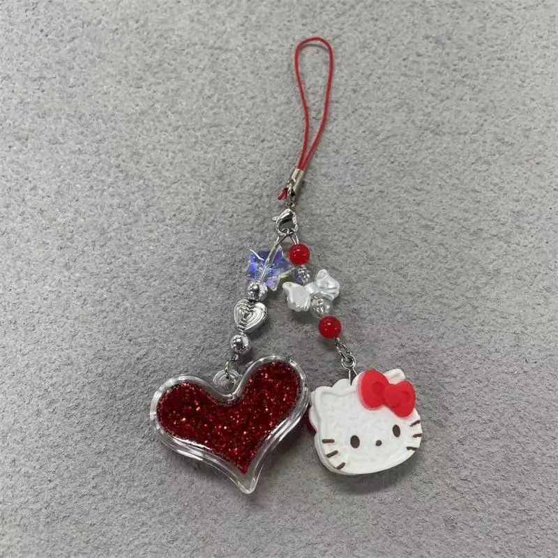 Hello Kitty Pendant Kawaii Sanrio Anime Cartoon Kt Glitter Powder Heart Pendant Zipper Decoration Mobile Phone Lanyard Girl Gift