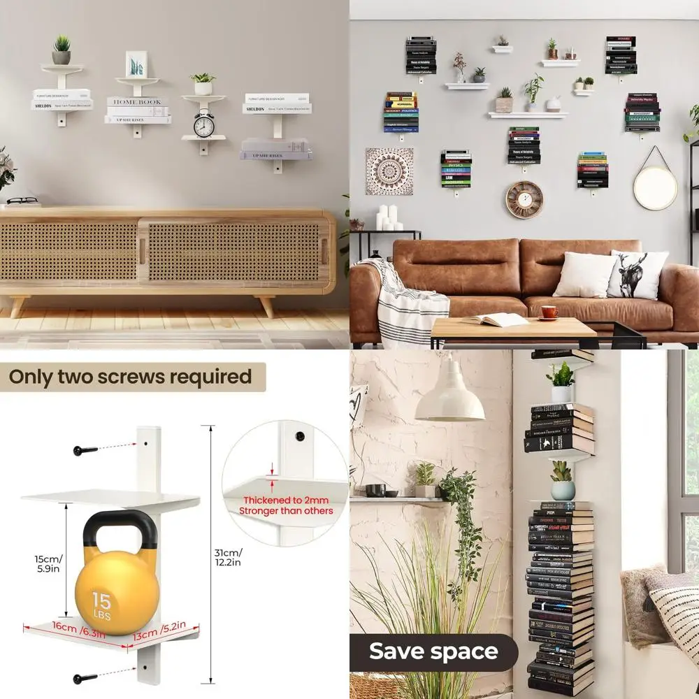 

8-Tier Wall-Mounted Floating Shelves, Invisible Design Book Rack, Space-Saving Metal Organizer Set of 4 in White for Home & Offi