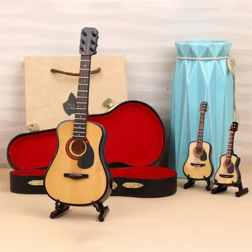 Imagen 2 del producto Mini modelo de guitarra clásica, adorno de instrumento Musical en miniatura de madera, Kit de garaje para el hogar, regalo de decoración con estuche y soporte