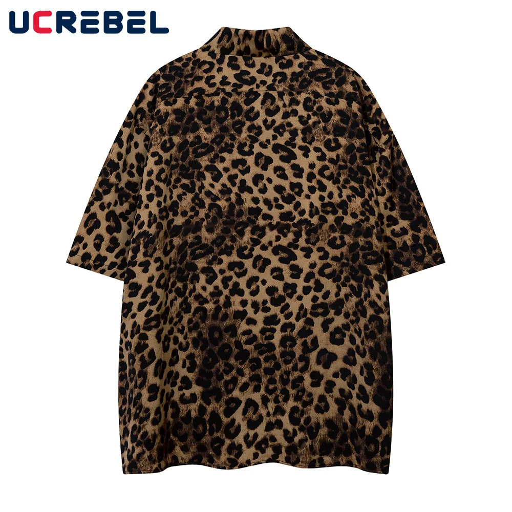 Leopard Print Short Sleeve Cotton Tee Mens Summer High Street Loose Lapel Single Breasted Half-Sleeve Tshirt Men