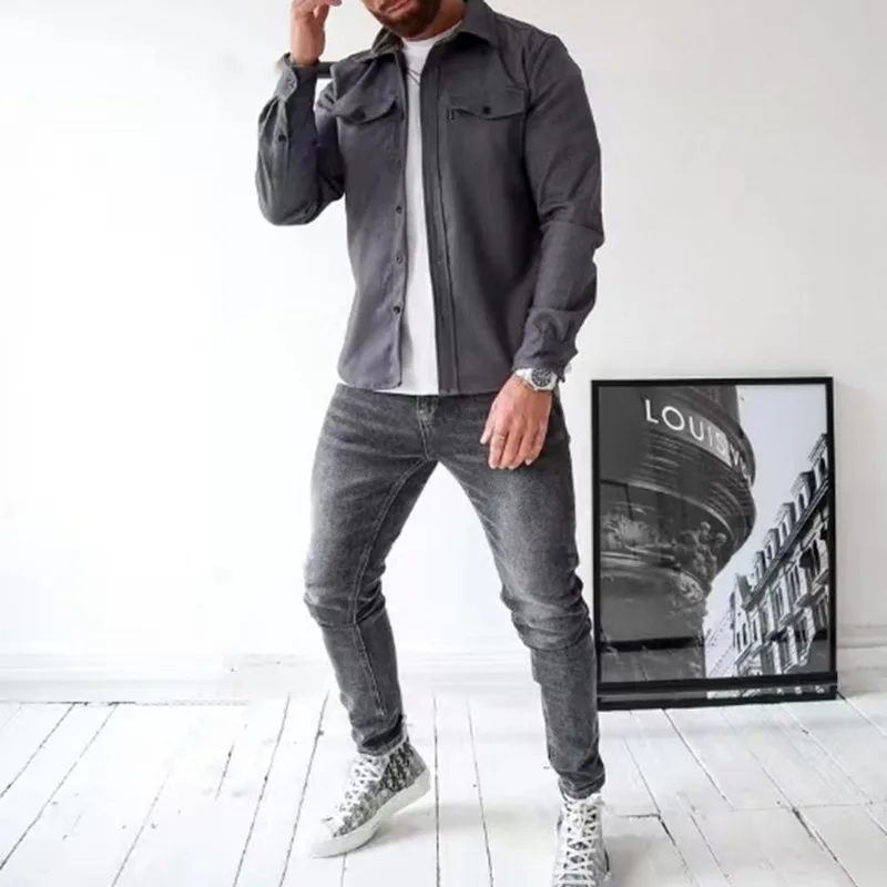 Casual camisa de manga comprida jaqueta masculina outono e inverno nova moda de rua americana cor sólida workwear camisa masculina