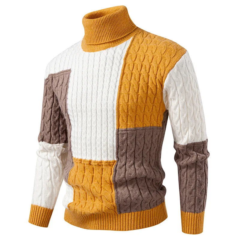 

2026 Spring Men Long Sleeve Knitted Pullover Spliced Color Turtleneck Sweater Male Teenager Pullover Hombre Thick Autumn Winter