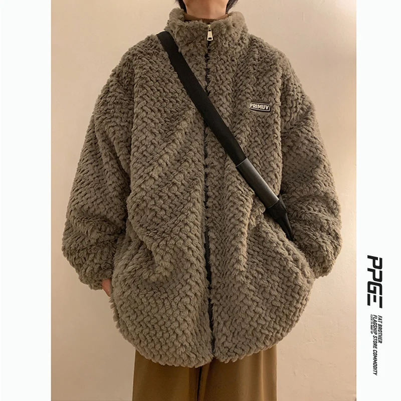 

Lamb Wool Coat Men's Winter Retro Loose Casual Thick Warm Solid Color New American Fleece-lined High Sense Zipped Stand Collar