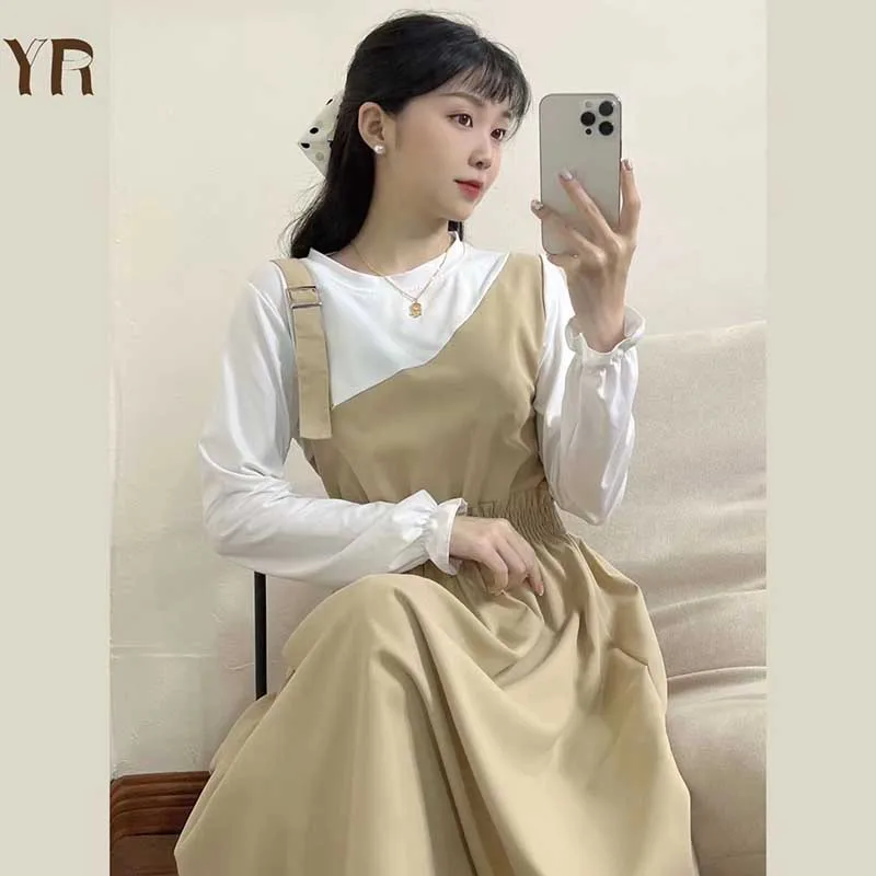 Sweet O-Neck Spliced Shirring Fake Two Pieces Midi Dress Female Clothing 2024 Spring New Loose Butterfly Sleeve Casual Dresses