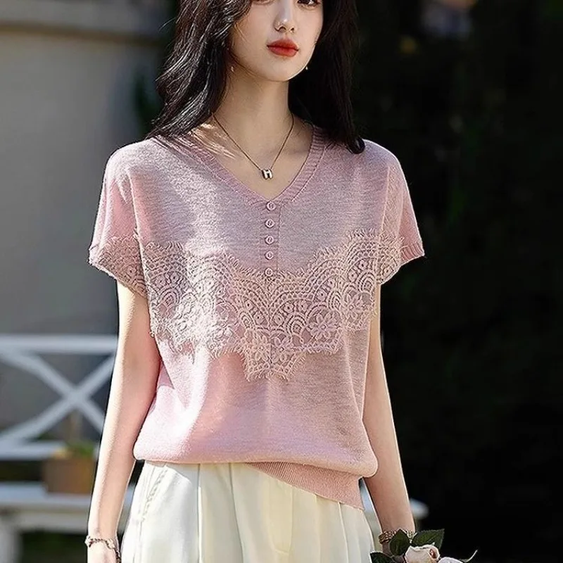여성 여름 레이스 수 놓은 솔리드 컬러 v 넥 반팔 니트 탑 숙녀 단순 캐주얼 올 매치 트렌드 티셔츠