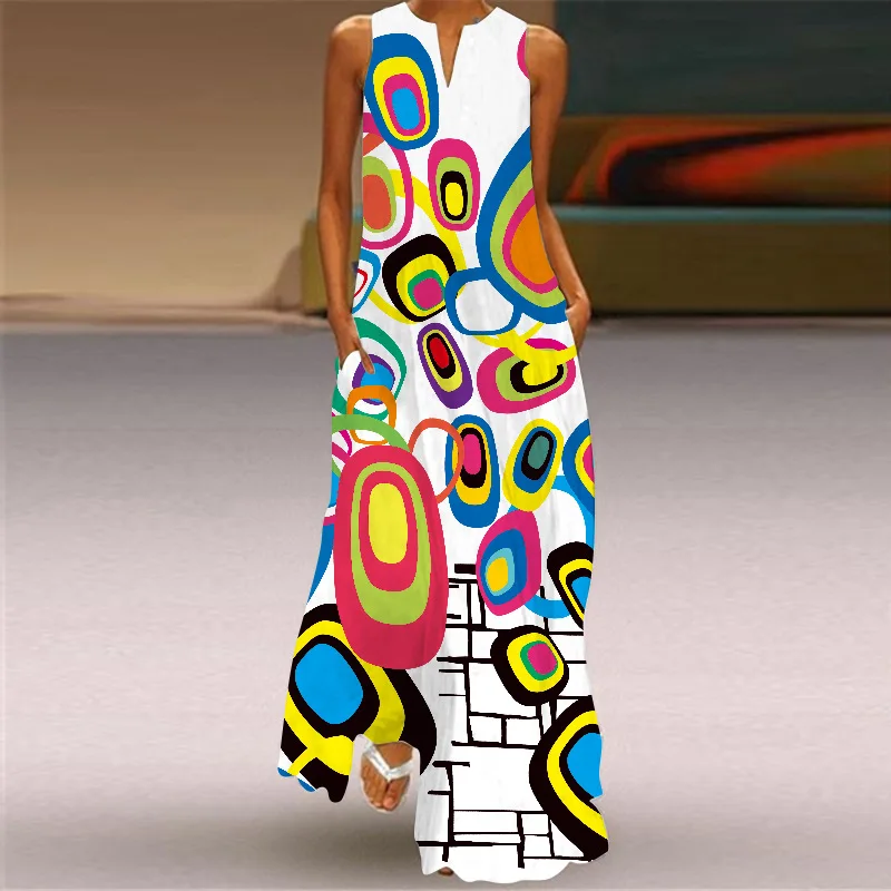 

Vacation Women's Beach Fashion Maxi Dress 2024 Summer Retro Printed Long Skirt Pocket V-neck Sexy Sleeveless Dress Y2k Fashion