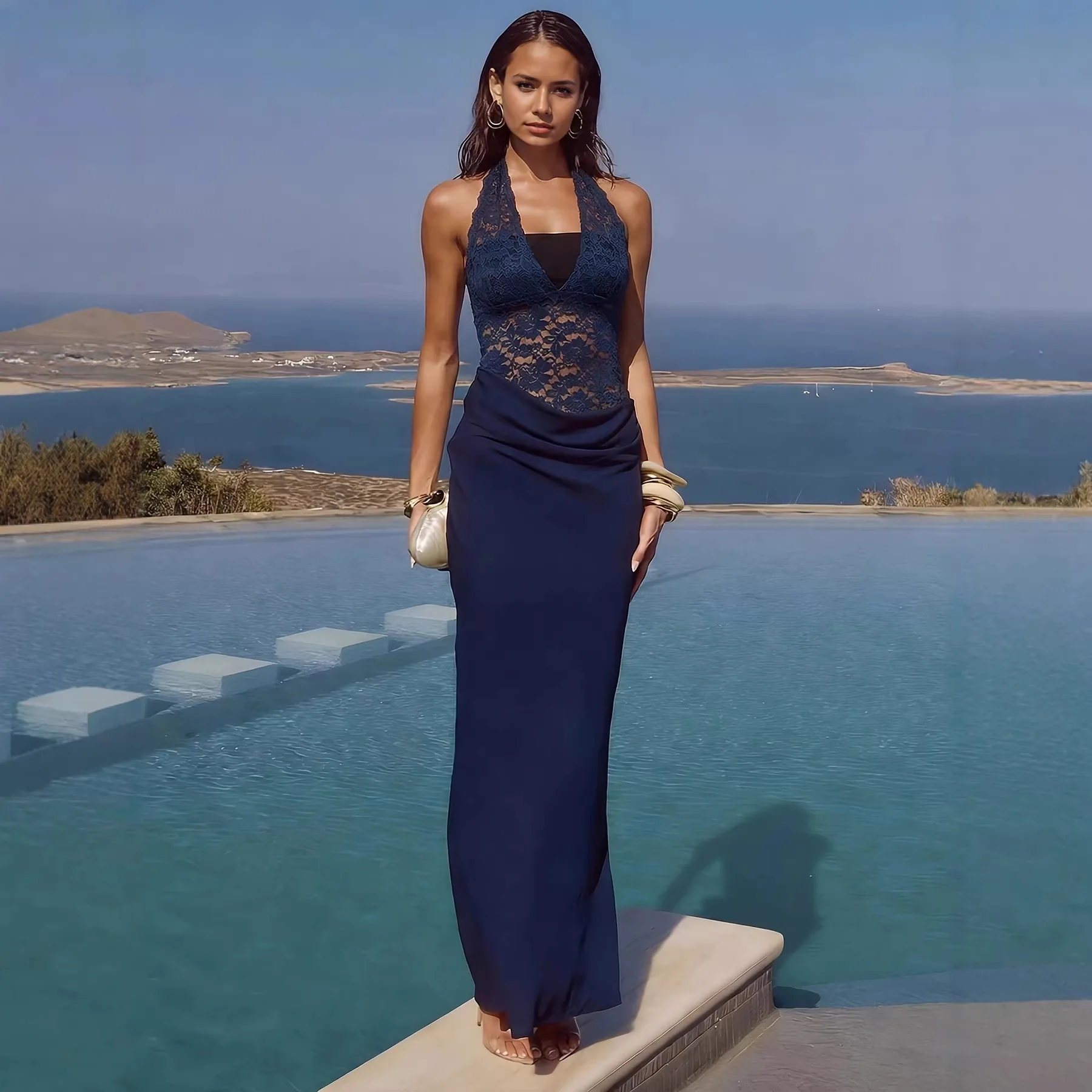 

Splicing Lace Strap Neck Halter Kink Slim Hip Skirt Banquet Seaside Dress