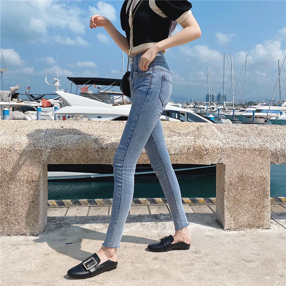 Hebilla de Metal de cabeza redonda para Mujer, Zapatos planos de cuero sin cordones, tacones de cubierta al aire libre, Verano