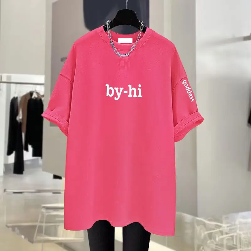 Summer Casual Loose O-neck Short Sleeve T-shirt Women Chic Letter Printing Cotton Basic Tees Office Lady Oversized Tops 45-105Kg