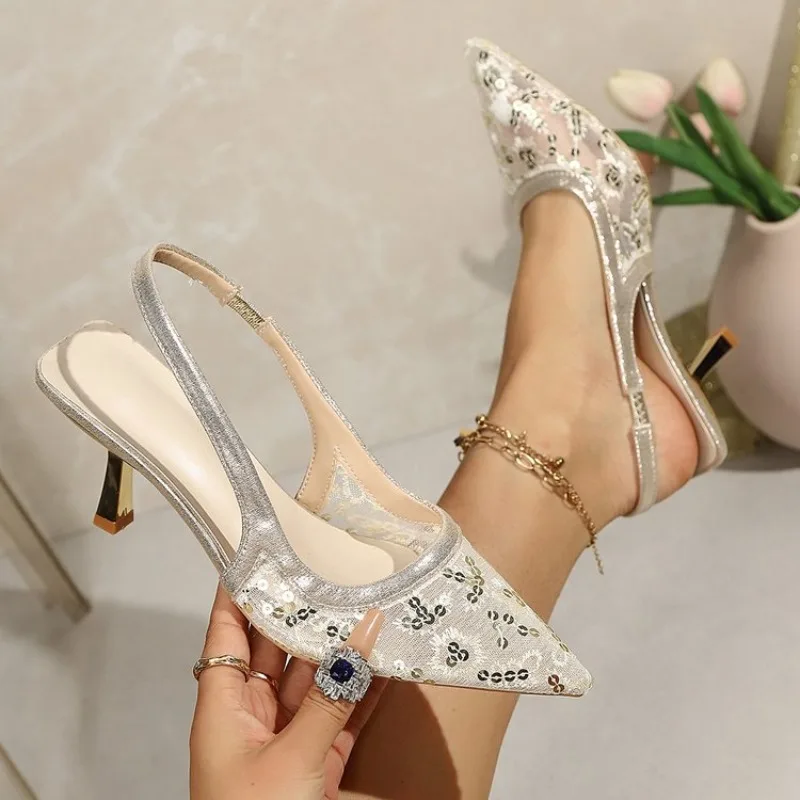 

Fashion Women Sandals Trendy Mesh Breathable Elegant Pointed Toe Closed Toe Sandals Summer New Women's Thin High Heel Shoes
