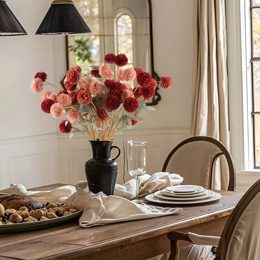 12 Pcs Artificial Chrysanthemum Flowers, Orange Kiku Pom Pom Mums Flower Faux Fall Floral for Autumn Halloween Kitchen Table Cen