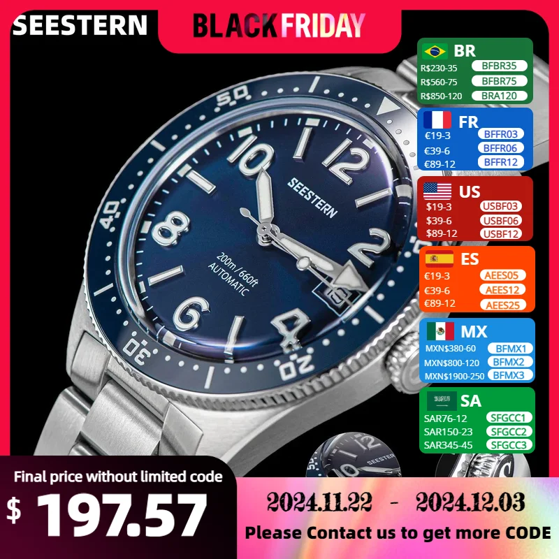 SEESTERN-reloj de buceo para hombre, pulsera mecánica automática, movimiento Seagul ST2130, 20bar, resistente al agua, cristal cúpula luminoso