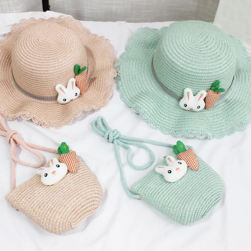 Children Straw Hat Shoulder Bag Tote Bags Kids Girls Baby Hat 2pcs Set Handbag Cute Floral Bowtie Sun Cap Bucket Panama Caps