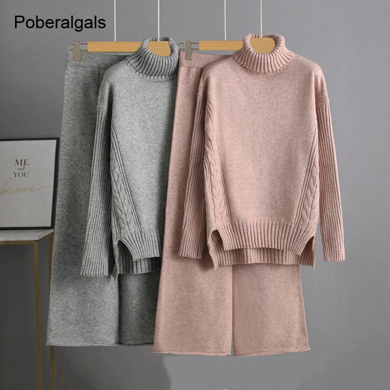 

Winter Thick Women Suits two Piece Set Loose Turtleneck twist Pullover Sweaters And Long Knitted wide leg pants sets Sportsuits