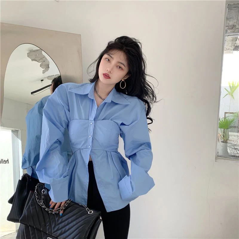 Elegant Patchwork Shirts Women Korean Fake Two Pieces White Blouses Streetwear Office Outfits Fashion Long Sleeve Chic Tops New