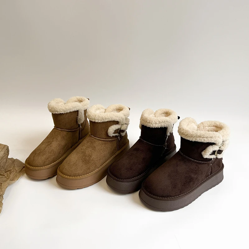 

Зимние ботинки с металлической пряжкой, новые зимние хлопковые туфли на платформе с круглым носком и замшевыми рукавами