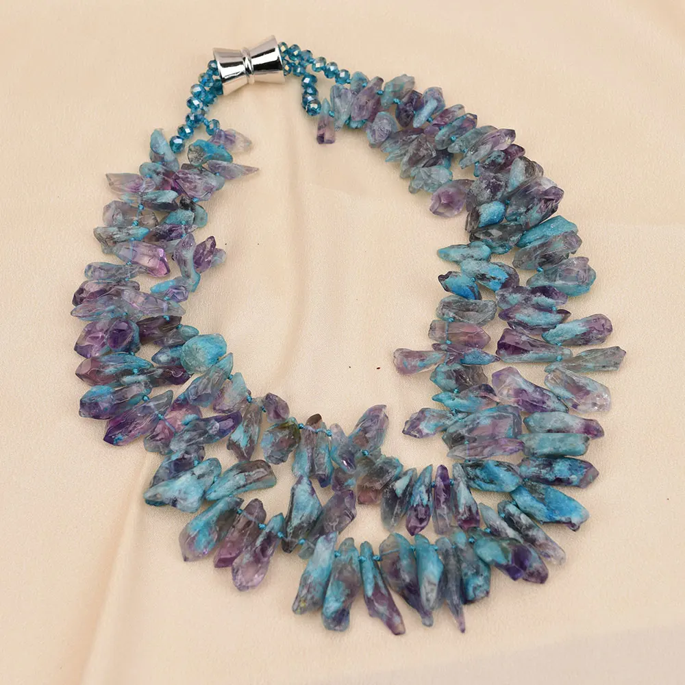 G-G 2 Rows Big Jewelry Natural Mix Color Amethyst Blue Quartz Point Crystal Gems Necklace Real Stone Necklace