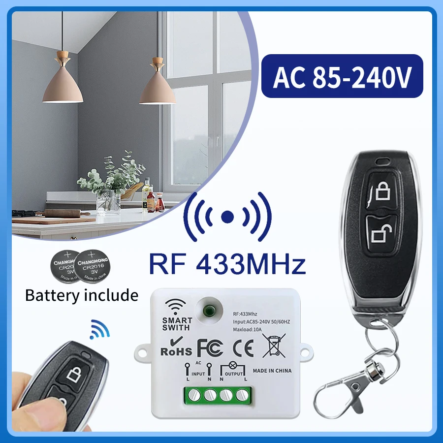 RF433MHz Wireless Remote Control Light Switch 10A Relay Receiver With ON/OFF Transmitter Wall Switch For Lighting Led AC85V-240V