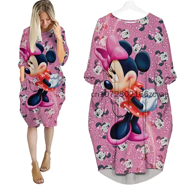 

New Minnie Mouse Women's Batwing Pocket Dress Disney 3D Printed Oversize Fashion Street Dress Long sleeved Nightgown