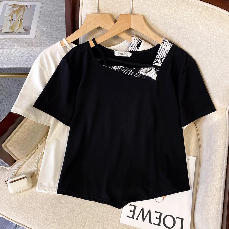 XL-4XL Large Size Clothing Summer T-shirt For Women Loose Short-sleeve Oversize Tops Patchwork Irregular Splice Cotton Tshirt